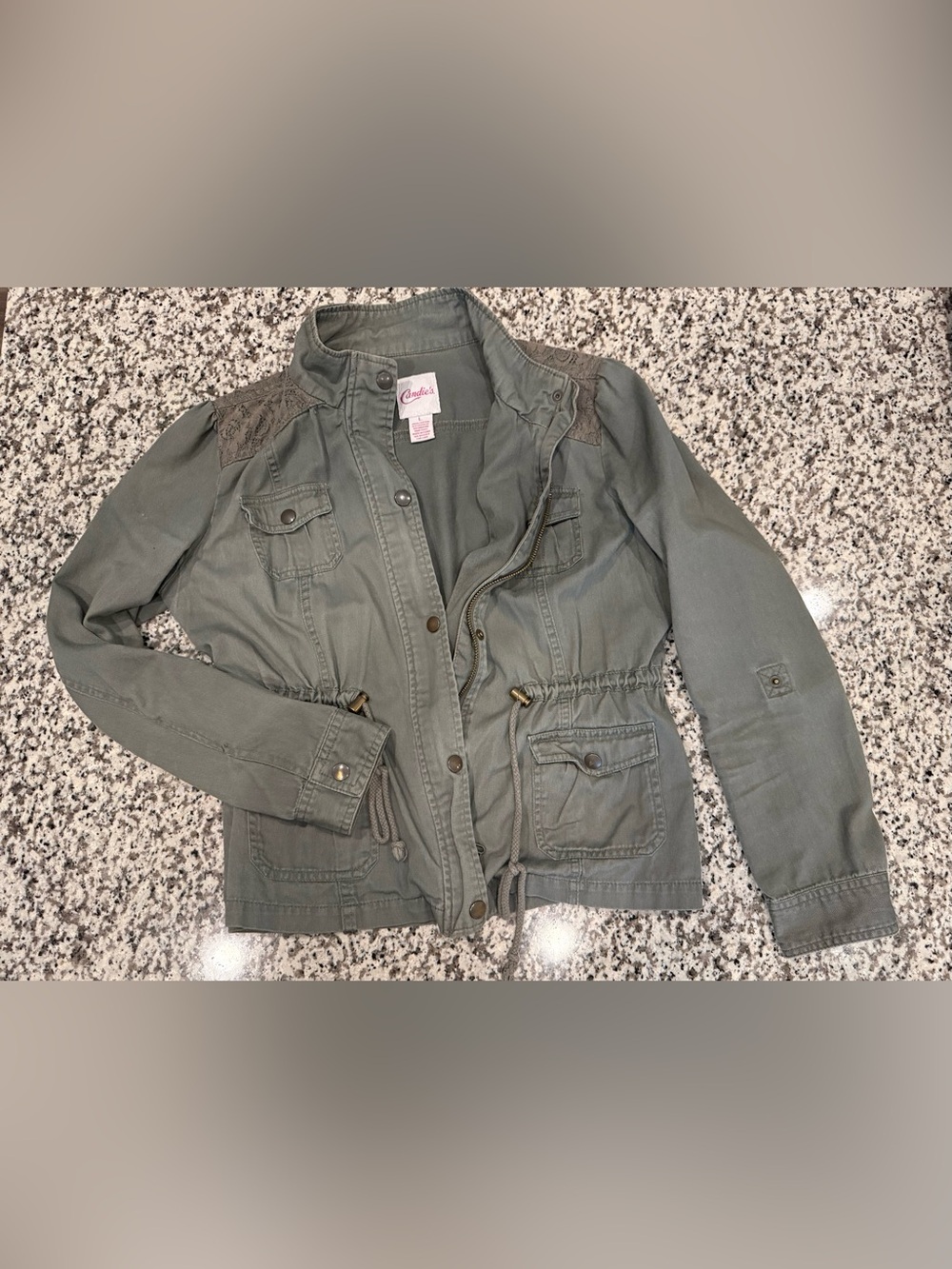 Candie's Olive Utility Jacket with Lace Shoulder Detail